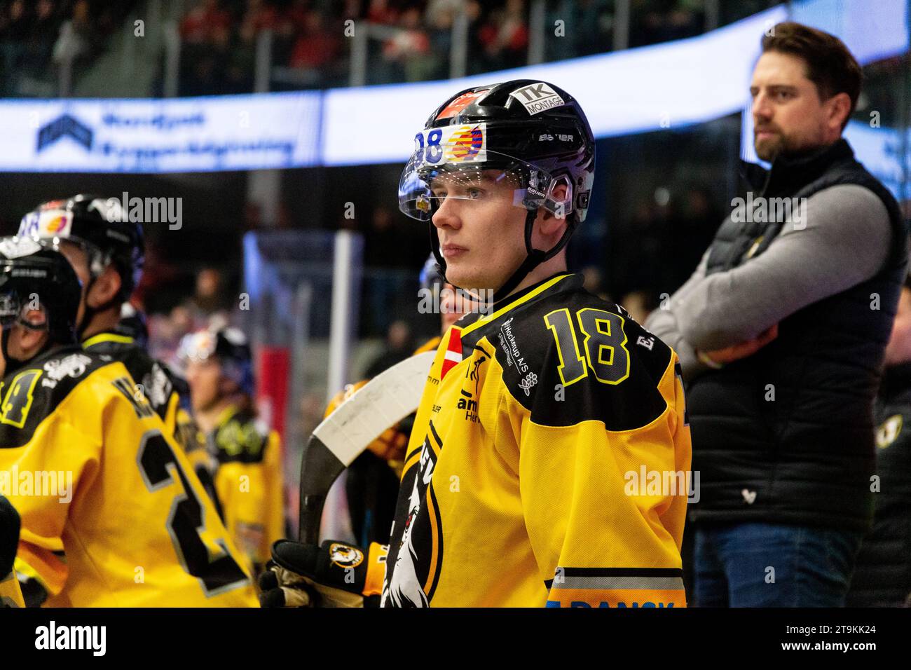 Aalborg, Denmark. 24th, November 2023. Daniel Petersen (18) of Herlev Eagles seen during the Metal Liga ice hockey match between Aalborg Pirates and Herlev Eagles at Sparekassen Danmark Isarena in Aalborg. (Photo credit: Gonzales Photo - Balazs Popal). Stock Photo