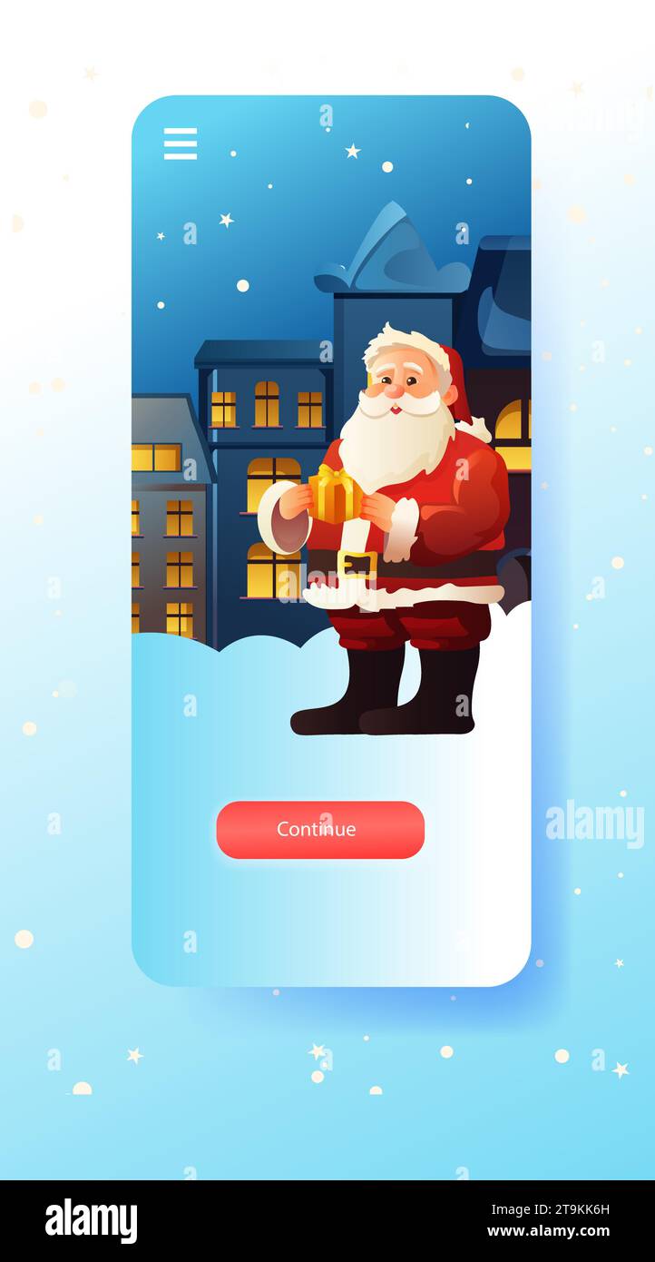santa claus in red costume and hat holding wrapped gift box at night ...
