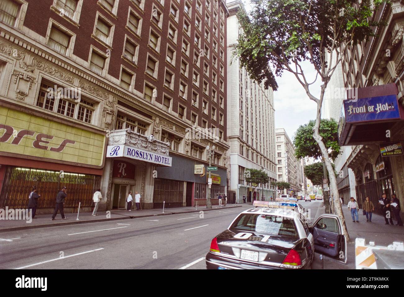 Los Angeles, California, USA - January 15, 2000:  Archival editorial view of the historic Rosslyn Hotel on gritty 5th street in downtown LA.  Shot on film. Stock Photo