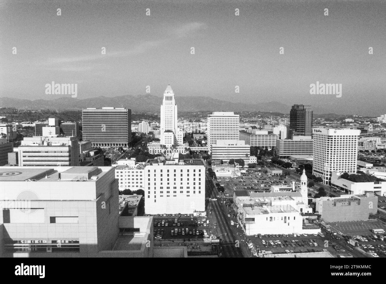 Los Angeles, California, USA - November 1, 1992  Grainy black and white editorial view of Los Angeles city hall and nearby buildings.  Shot on film. Stock Photo
