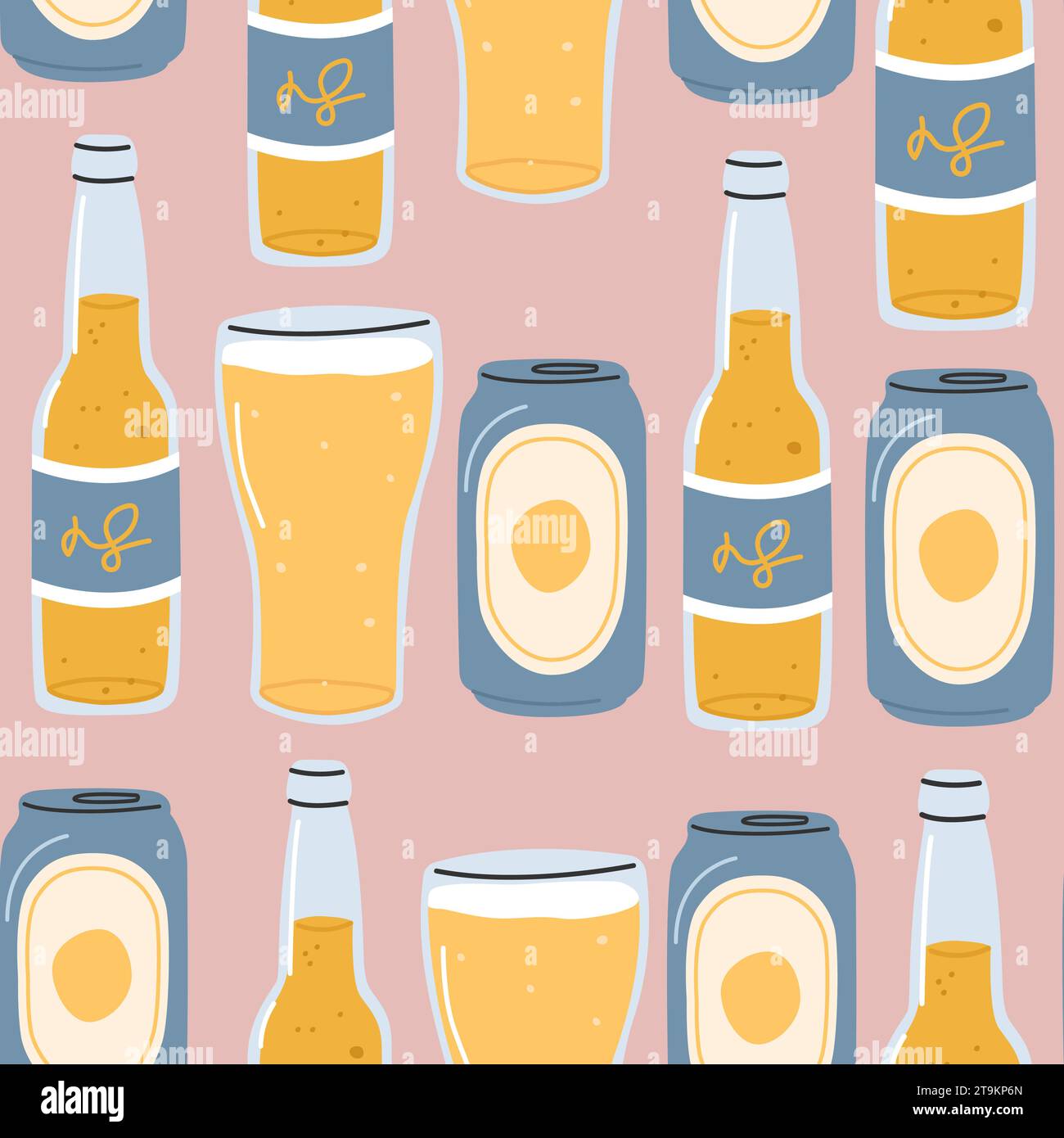 Seamless pattern with beer.Cover template for beer bar, pub menu,brewery. Beer bottle, can of beer and pint of ale on pink background.Trendy vector st Stock Vector