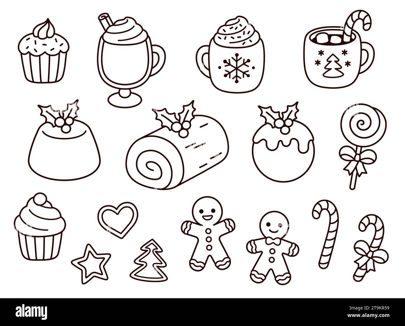 Traditional Christmas food: desserts, drinks, cookies and sweets. Hand drawn doodles, black and white line art. Cute cartoon vector illustration set. Stock Vector