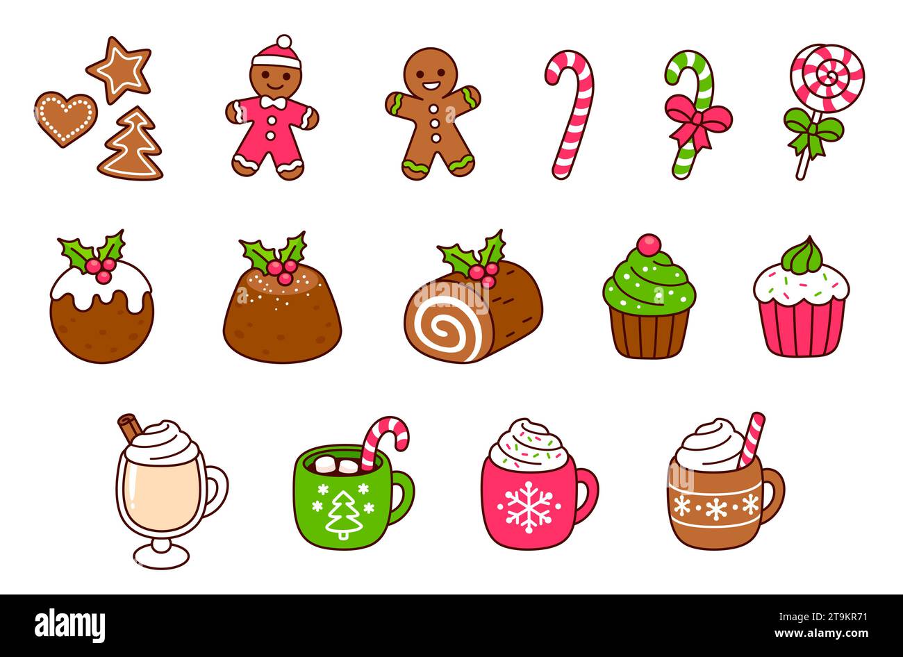 Traditional Christmas food: desserts, drinks, cookies and sweets. Kawaii hand drawn doodle icons. Cute cartoon vector illustration set. Stock Vector