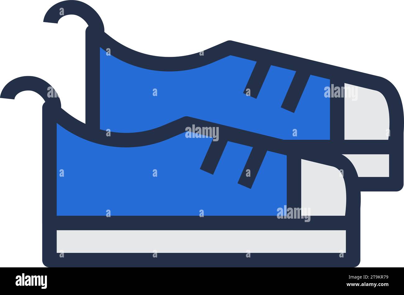 Linear color pictogram of pair of sneakers with laces. Casual clothes and shoes. Wardrobe item to create modern fashionable look. Simple outline strok Stock Vector