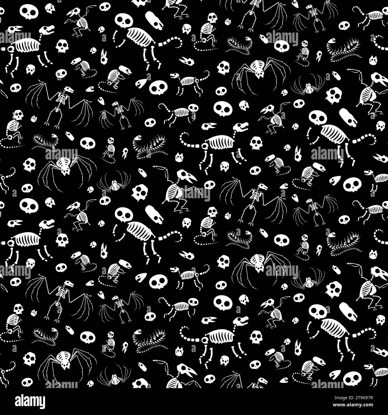 Black white Halloween seamless pattern with Animals Monster Skeletons. Roentgen skeleton bones, fairy tale characters. Ornament for printing on fabric Stock Vector
