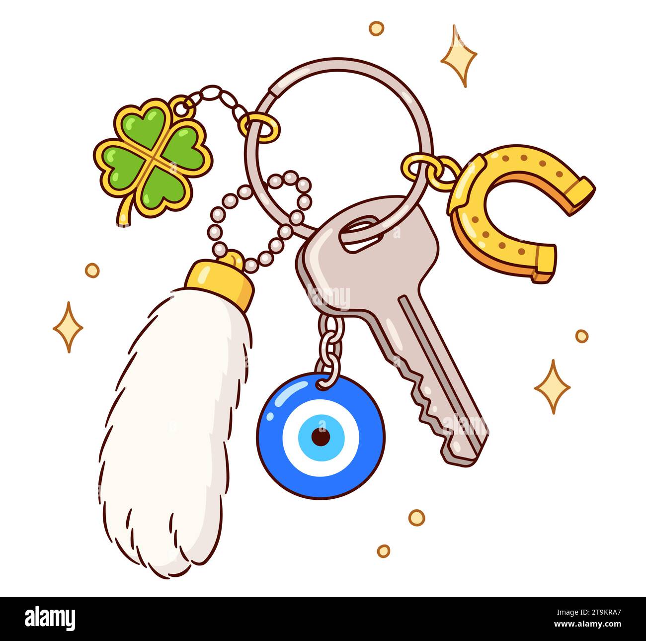 Lucky charms and good luck amulets on keychain and keyring with house key. Horseshoe, clover, evil eye, rabbit foot. Cartoon drawing, vector clip art Stock Vector