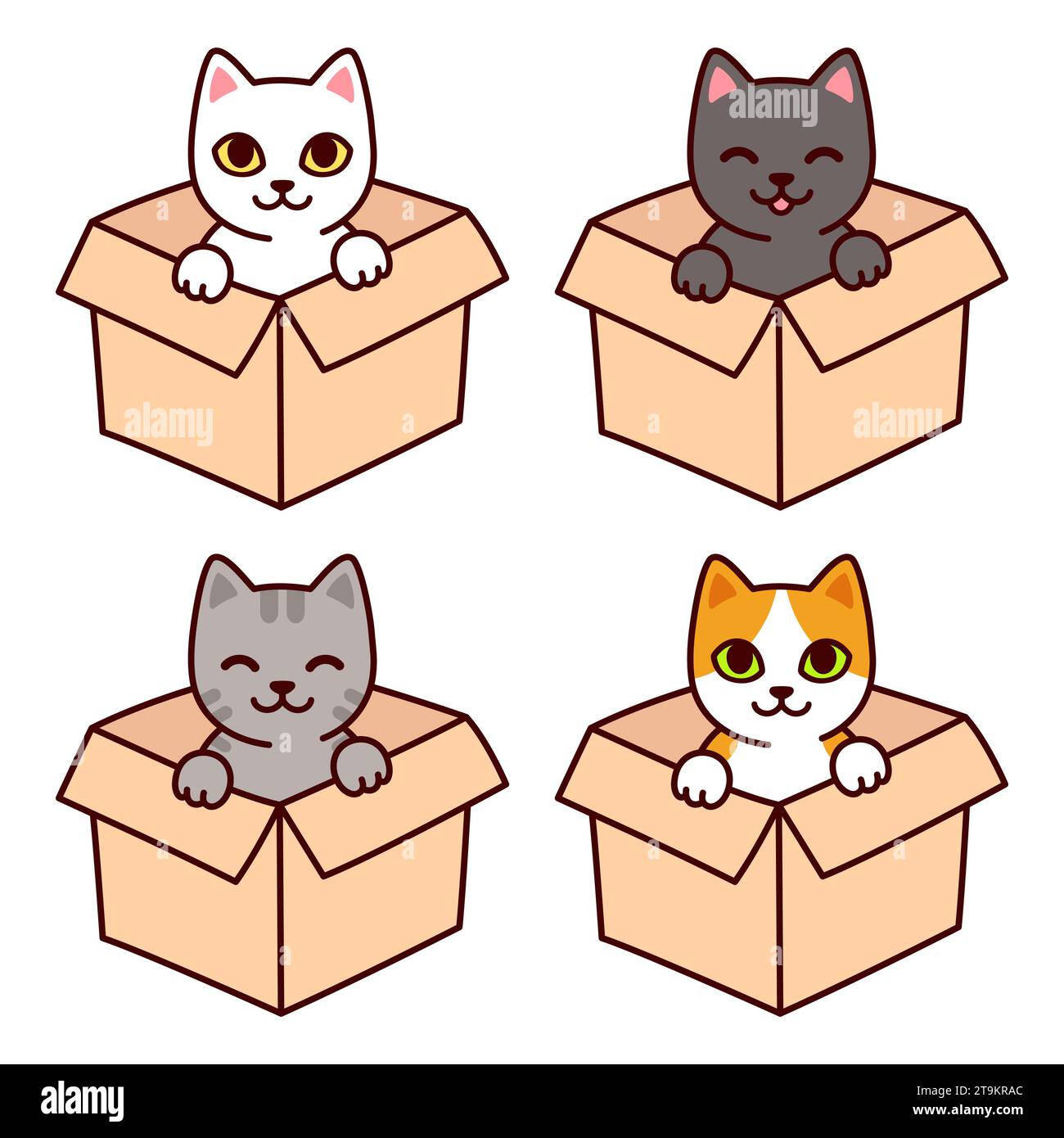 Cute cartoon cat in cardboard box, different colors set. Funny kitty sitting in a box, isolated vector clip art illustration. Pet adoption clip art. Stock Vector