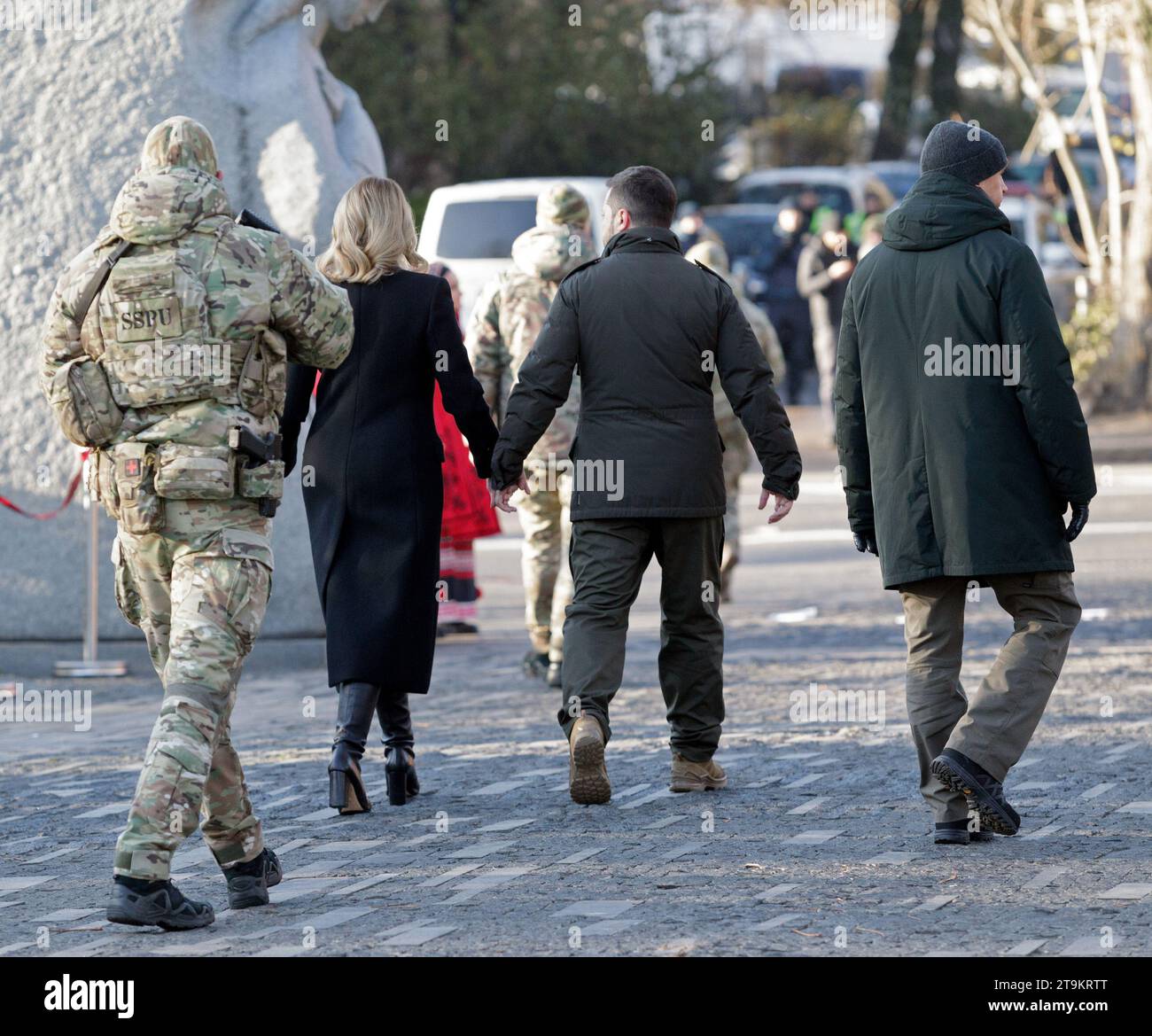 Non Exclusive: KYIV, UKRAINE - NOVEMBER 25, 2023 - President of Ukraine Volodymyr Zelenskyy and his spouse Olena Zelenska walk hand in hand at the Nat Stock Photo