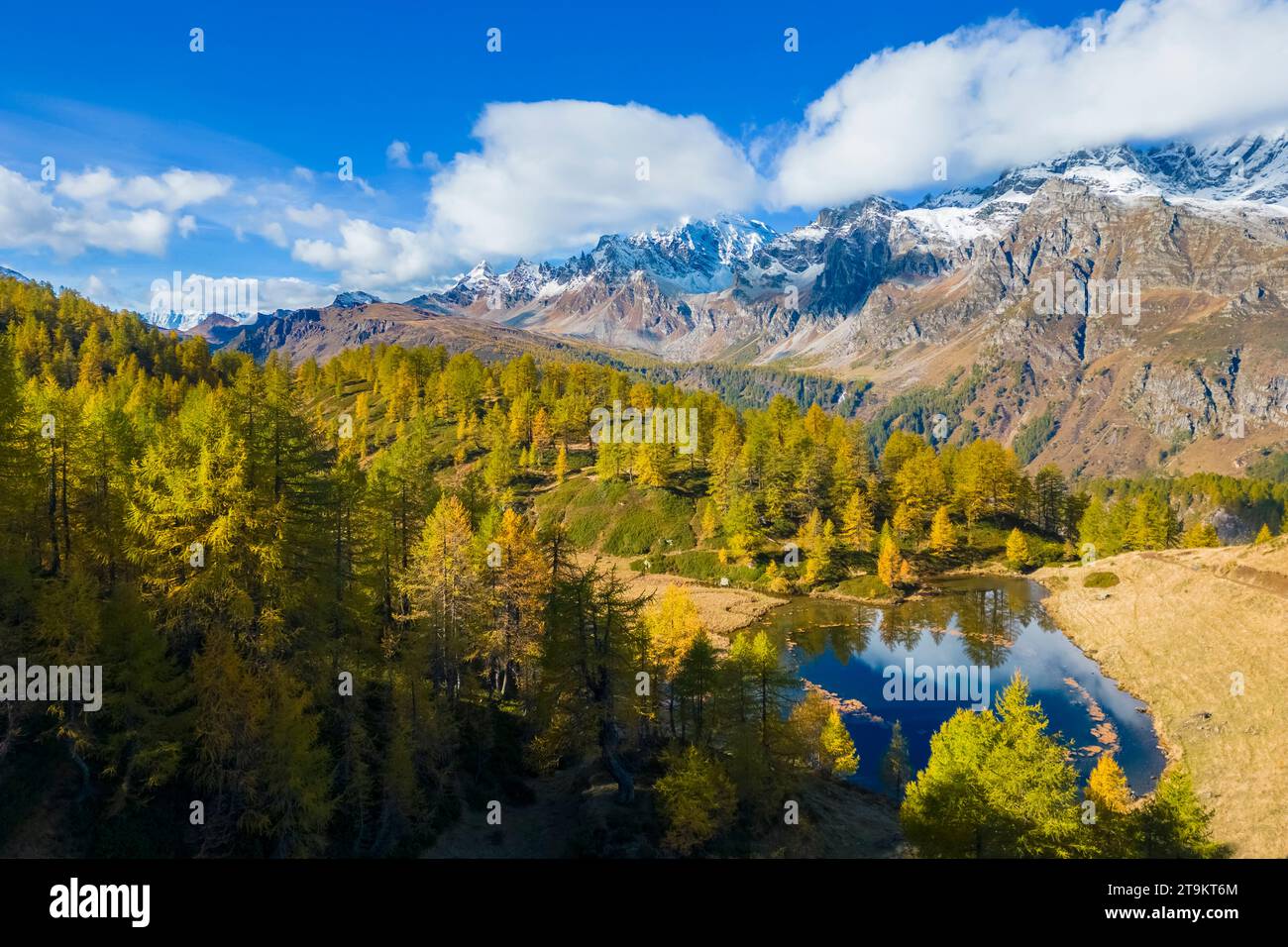 Aerial view in autum of the mountains surrounding Alpe Devero from Lago del Sangiatto Inferiore. Antigorio valley, Piedmont, Italy. Stock Photo