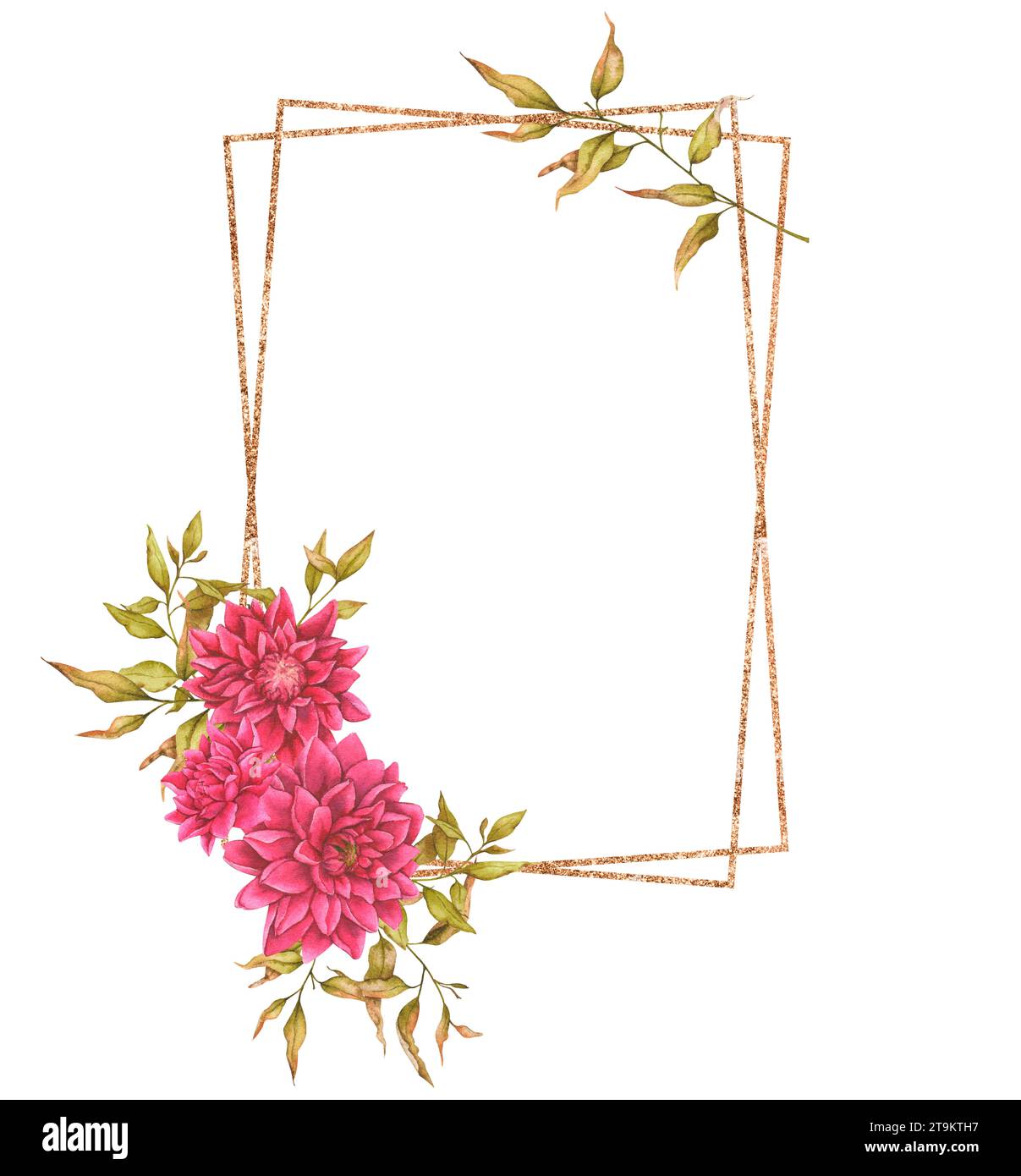 Golden rectangular floral frame made of dahlias, foliage, dried flowers ...