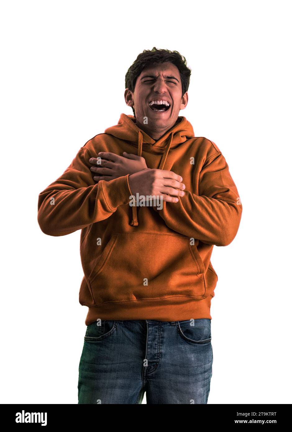 A man in an orange hoodie is making a funny face, laughing out loud
