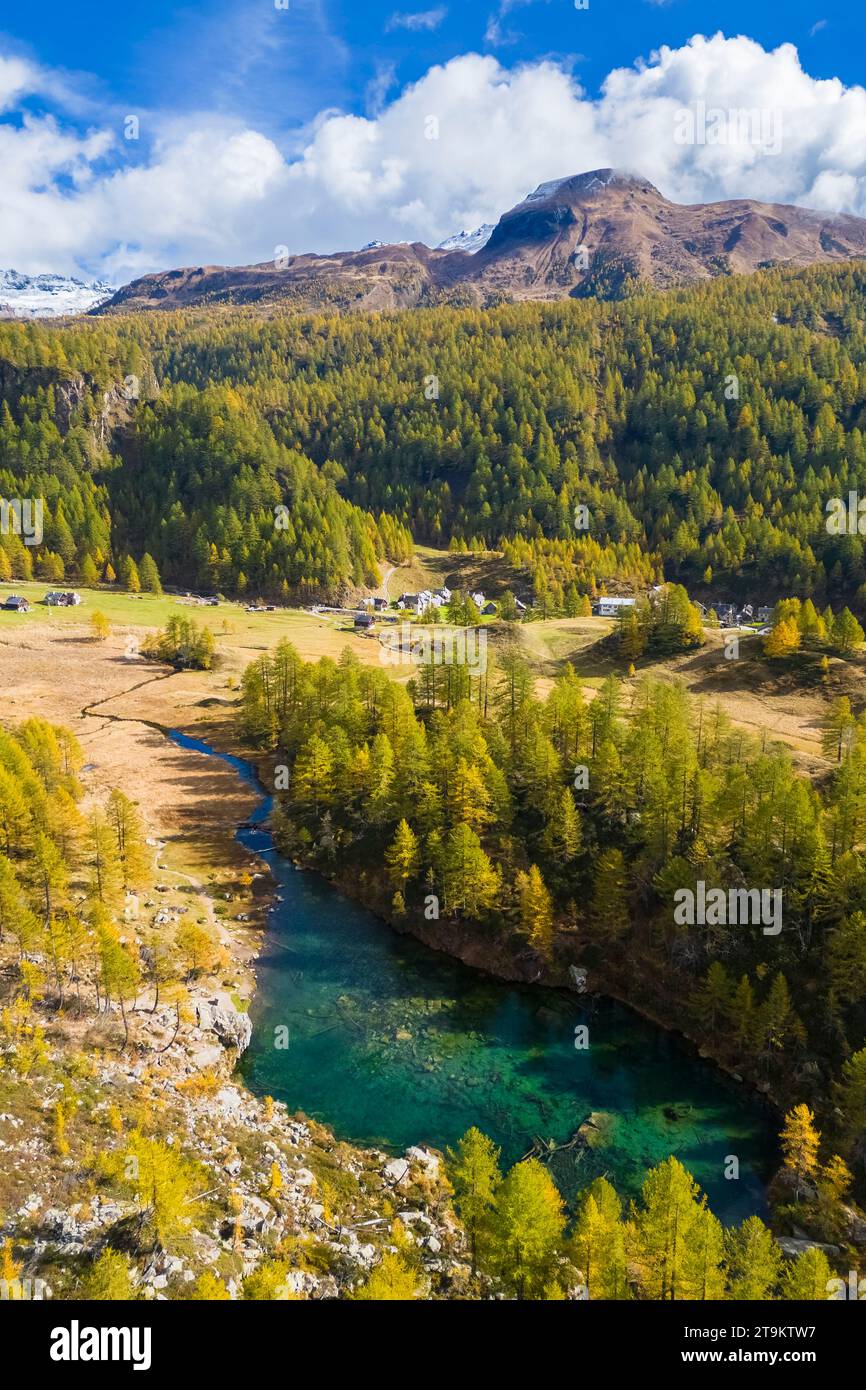 Autumnal view of the Lago delle Streghe lake at Crampiolo, Alpe Devero. Alpe Devero, Devero valley, Antigorio valley, Ossola valley, Piedmont, Verbano Stock Photo