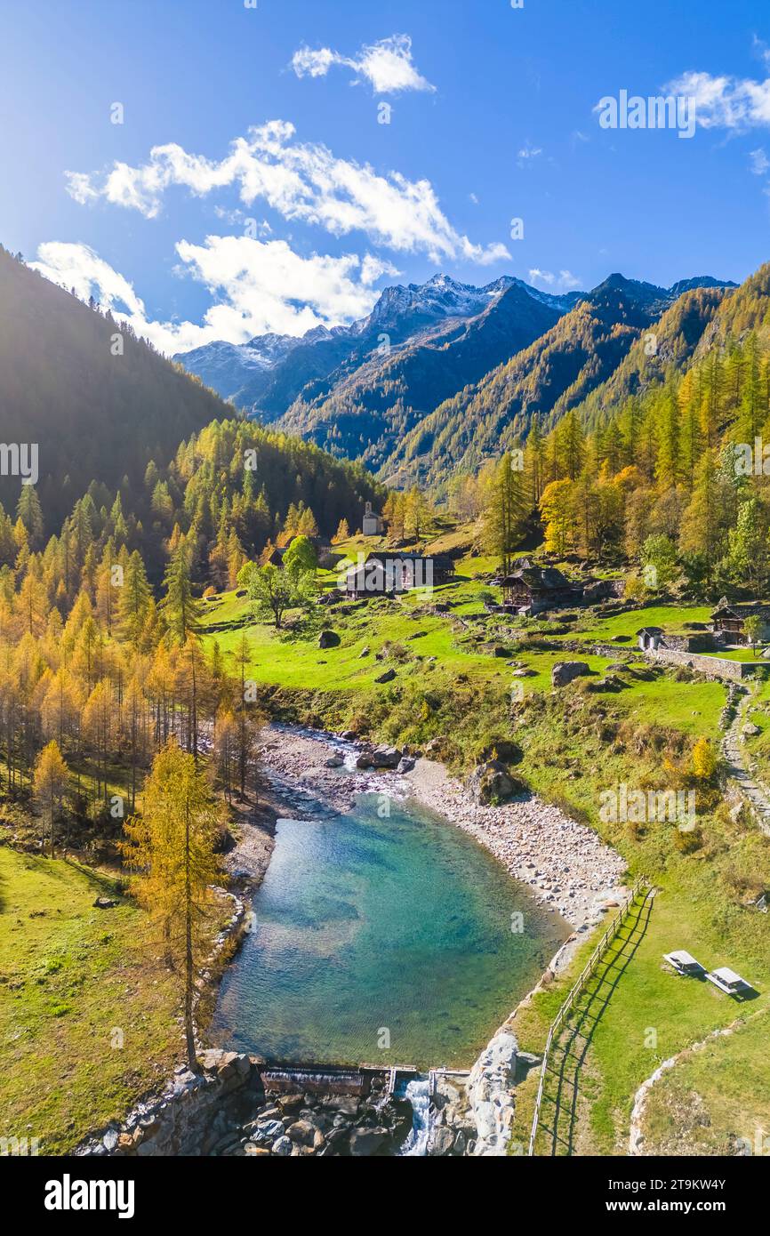 Aerial view of artificial lake of Peccia, a small walser village in Val Vogna, Riva Valdobbia, Valsesia, Vercelli province, Piedmont, Italy, Europe. Stock Photo