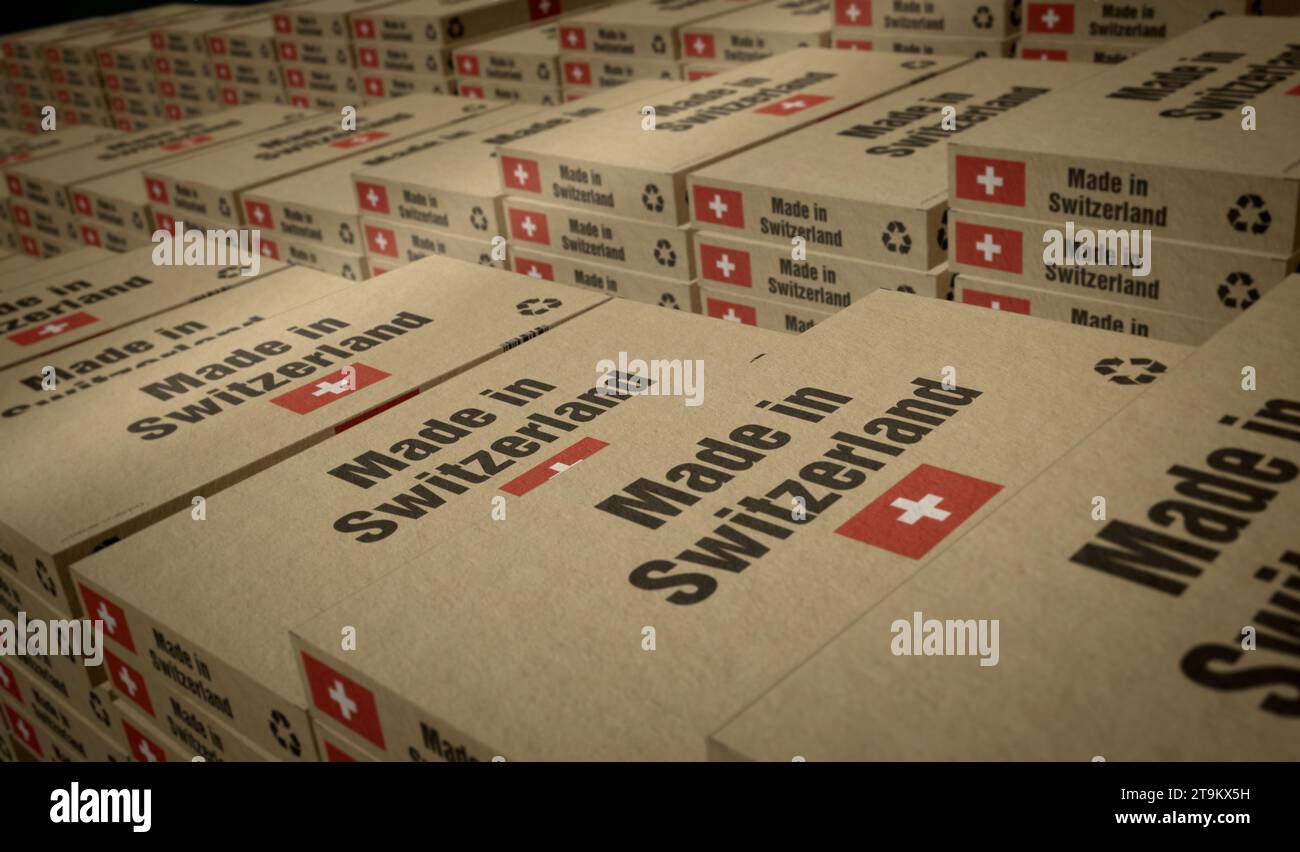 Made in Switzerland box production line. Manufacturing and delivery. Product factory, import and export. Abstract concept 3d rendering illustration. Stock Photo