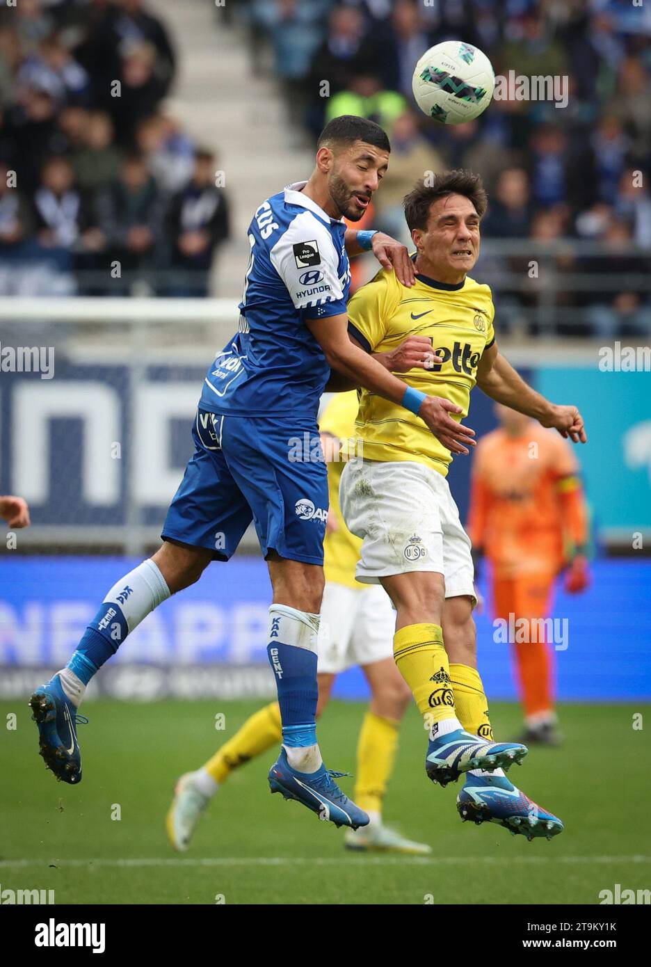 Gent, Belgium. 26th Nov, 2023. Gent's Tarik Tissoudali and Union's Kevin Mac Allister fight for Gent, Belgium. 26th Nov, 2023. Gent's Tarik Tissoudali and Union's Kevin Mac Allister fight for