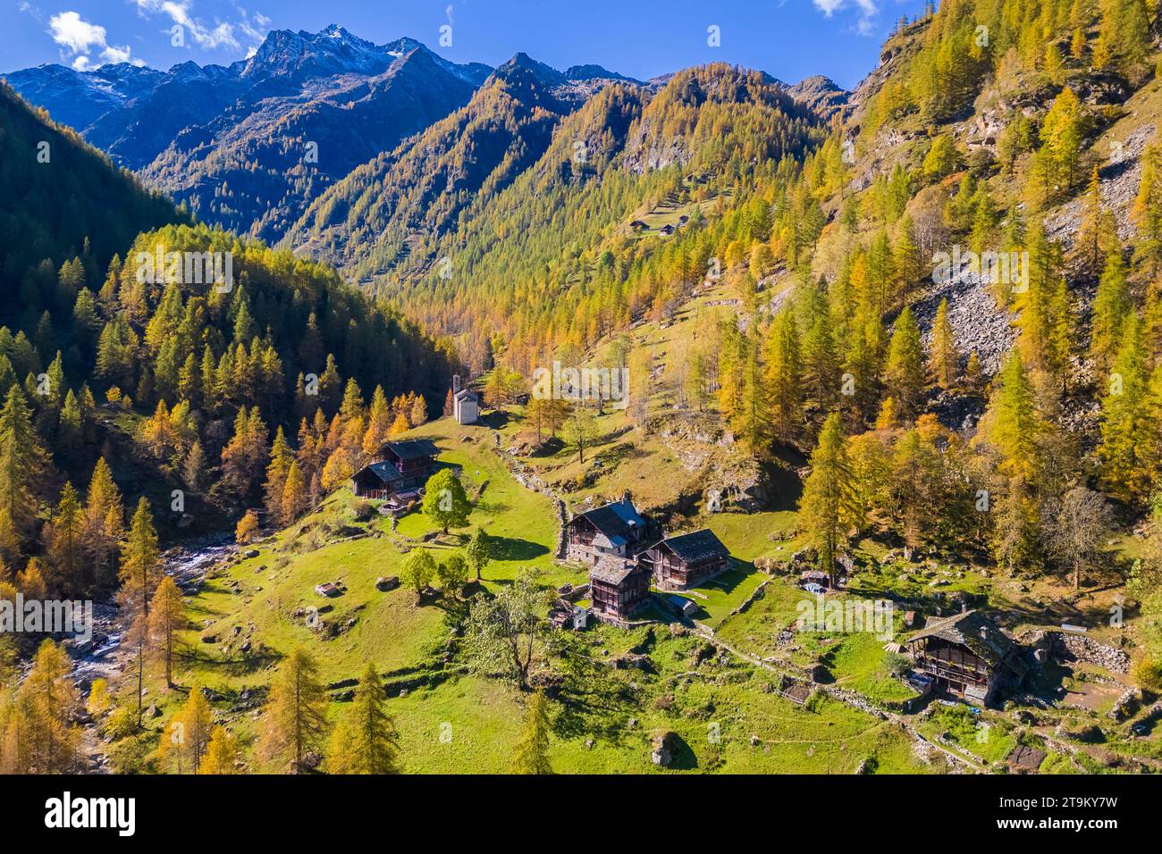 Aerial view of the Peccia, a small walser village in Val Vogna, Riva Valdobbia, Valsesia, Vercelli province, Piedmont, Italy, Europe. Stock Photo