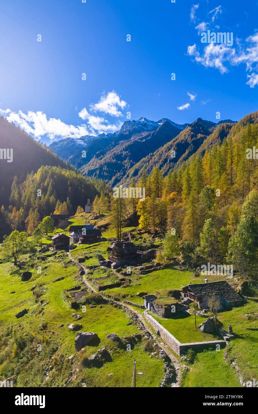 Aerial view of the Peccia, a small walser village in Val Vogna, Riva Valdobbia, Valsesia, Vercelli province, Piedmont, Italy, Europe. Stock Photo