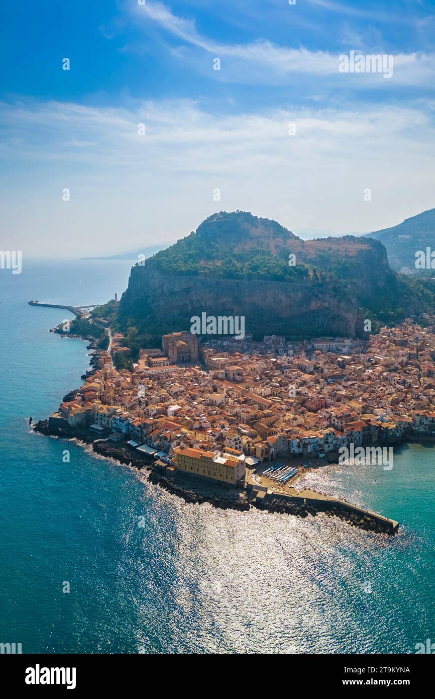 Aerial view of the ancient town of Cefalù, Unesco World Heritage site, at sunset. Palermo district, Sicily, Italy. Stock Photo