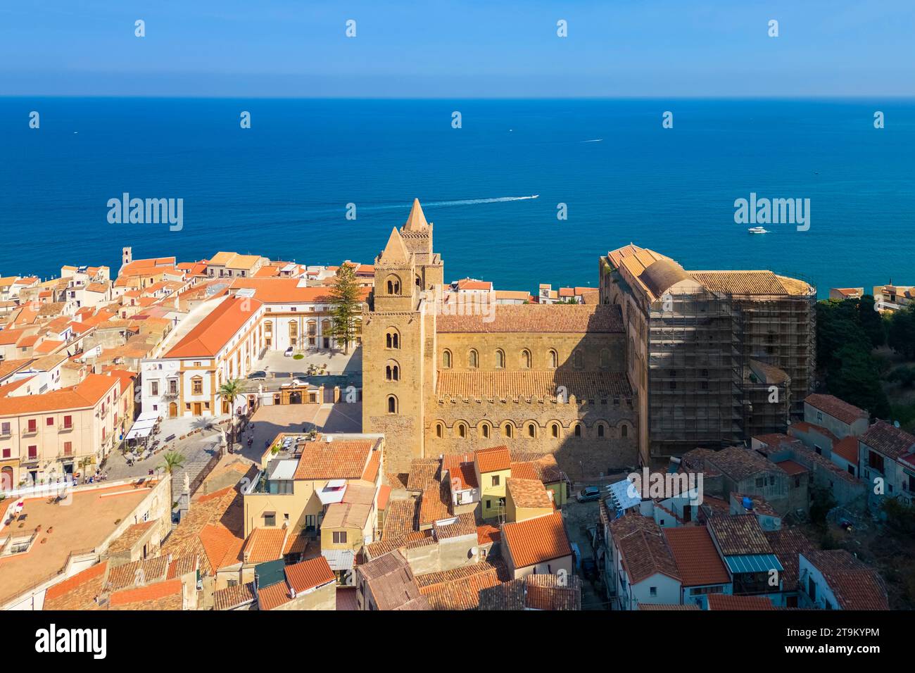 Aerial view of the ancient town of Cefalù, Unesco World Heritage site, at sunset. Palermo district, Sicily, Italy. Stock Photo