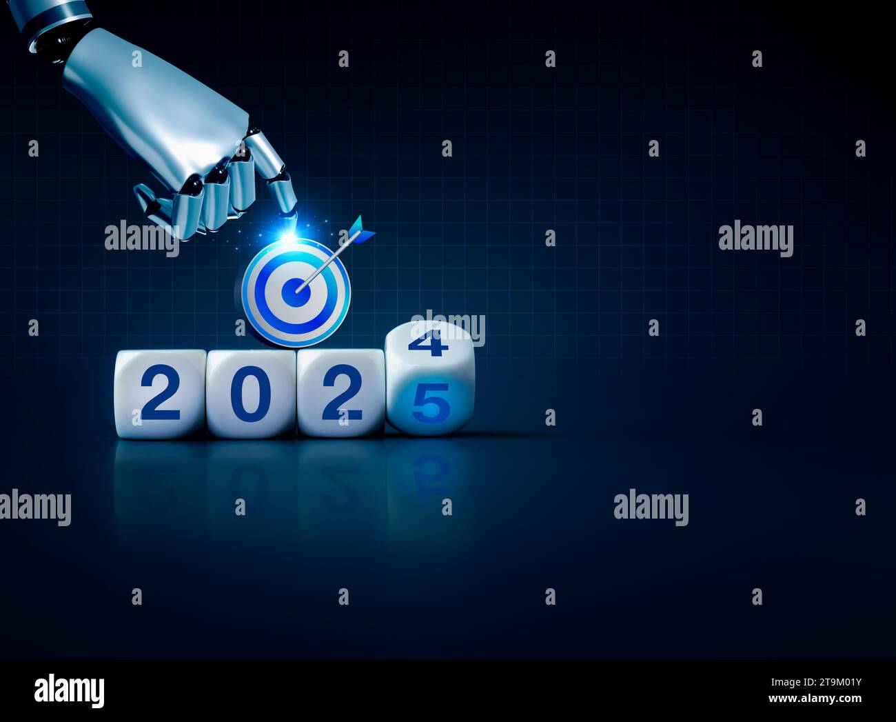 2024 happy new year with AI technology management, goal and success concepts. Robot hand touching on 3d target icon on flipping blocks 2024 to 2025 ye Stock Photo