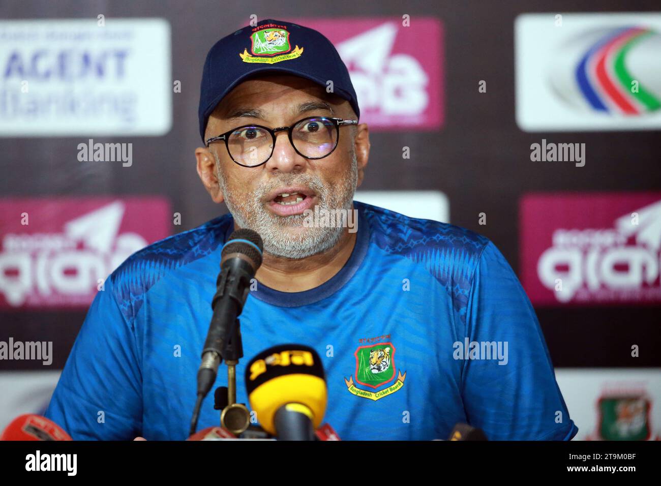 Bangladesh Test Cricket Team Head Coach Chandika Hathurusingha speaks at the press conference after practice session at Sylhet International Cricket S Stock Photo