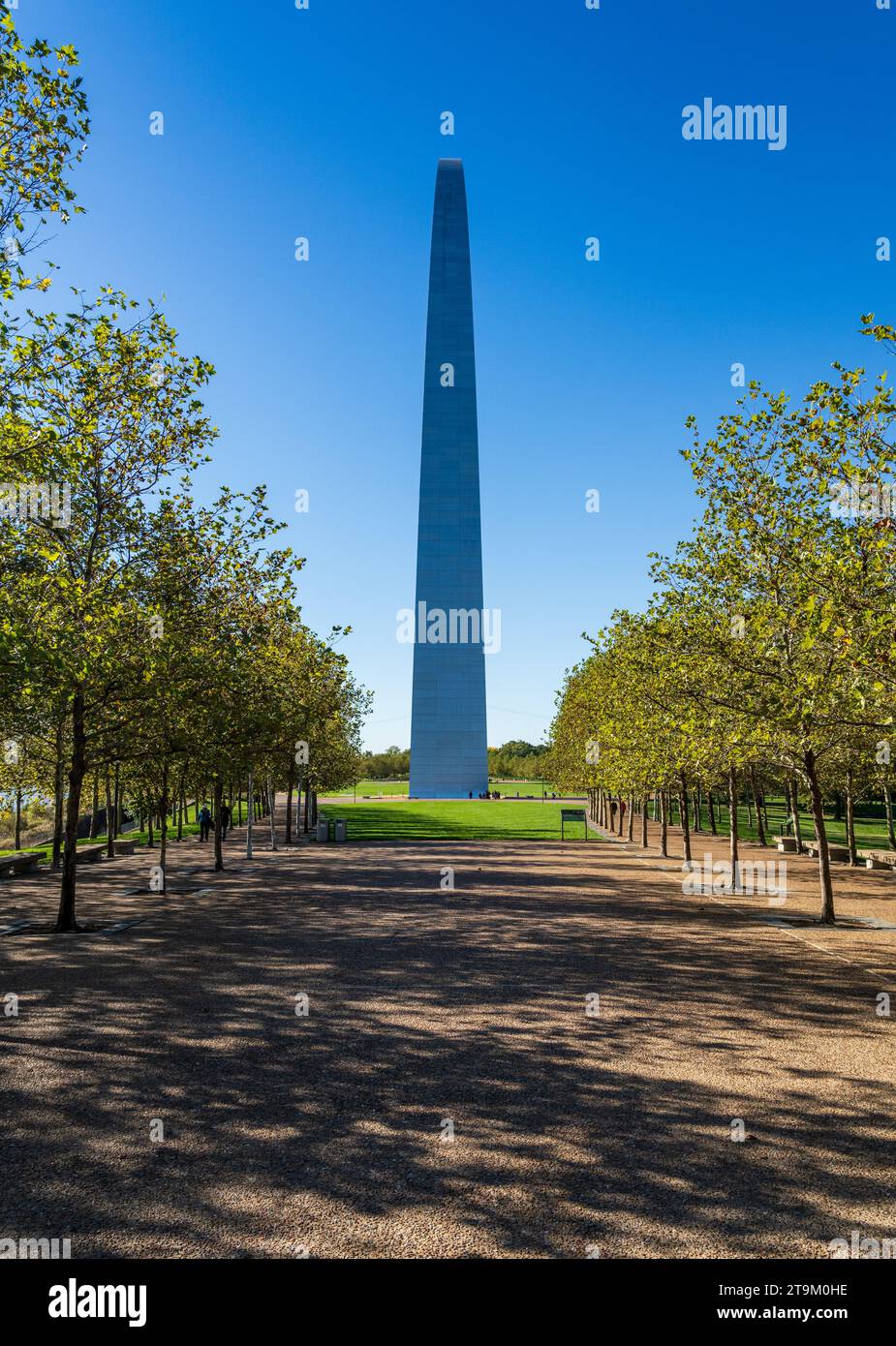Unusual view of the Gateway arch seen from the national park on riverbank at St Louis Missouri Stock Photo