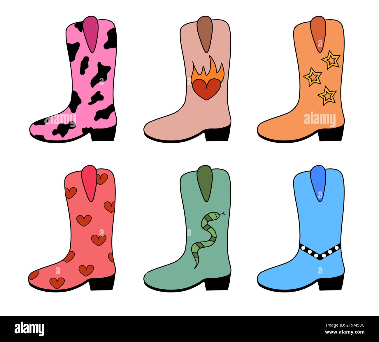 Set of trendy cowgirl boots. Collection wild west shoes different
