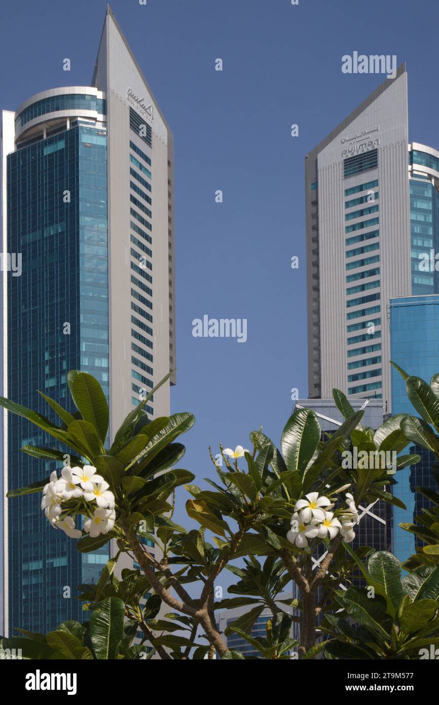 Qatar, Doha, flowers, skyscrapers Stock Photo Alamy