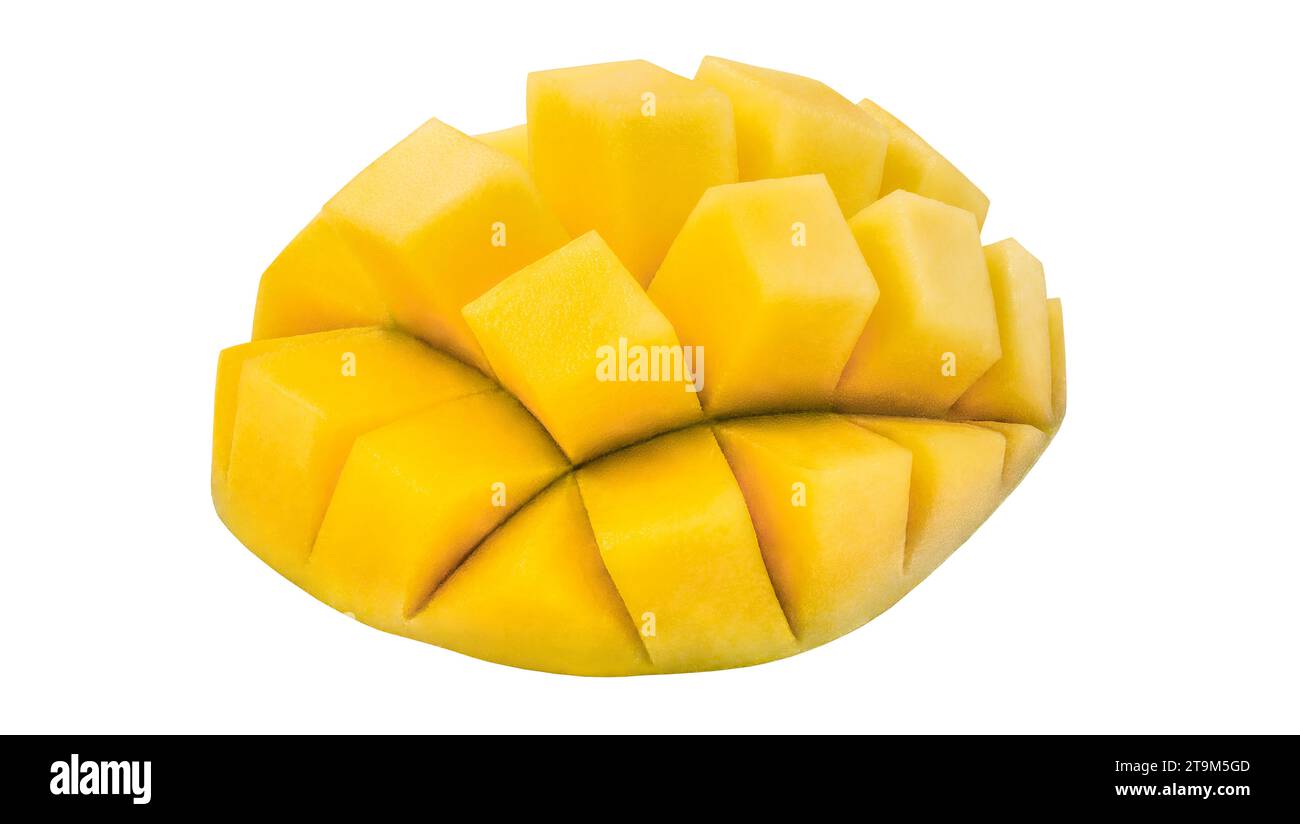 Mango cut into cubes, isolated on white background with clipping path