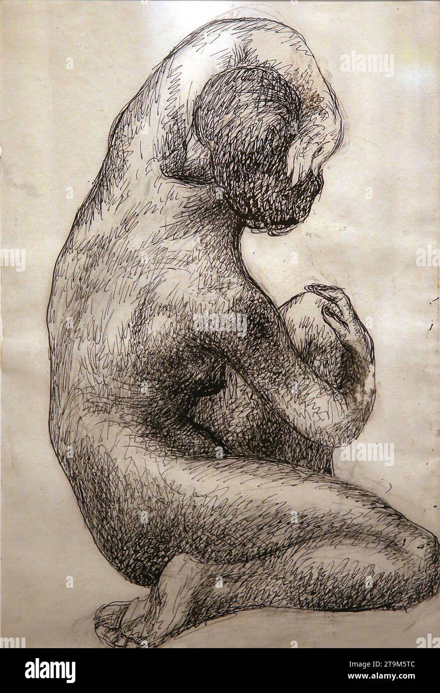 Study of a crouched woman. Sketch on paper by Pablo Gargallo (1881-1934) C. 1900. Montserrat Museum Barcelona, Catalonia, Spain. Stock Photo