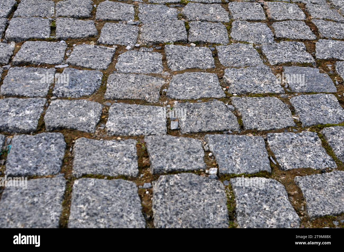 Old stone cobblestones from which the road is paved Stock Photo