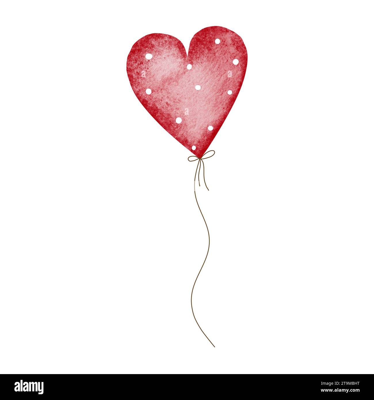 Watercolor red heart-shaped balloon on a ribbon. Cute design for ...