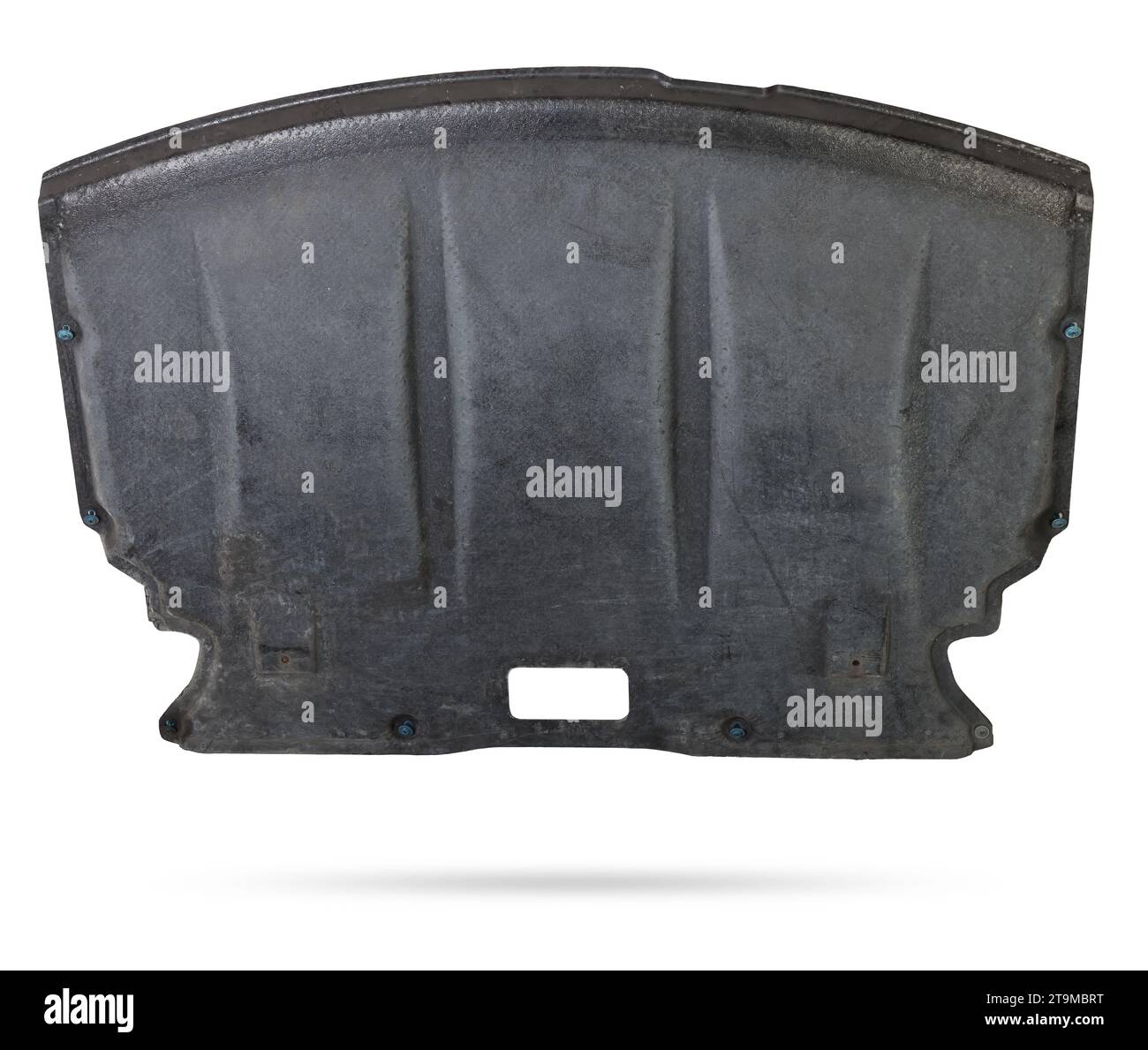 Black plastic engine cover liner on a white isolated background for sale or replacement in a car service. Mudguard on auto-parsing for repair or a dev Stock Photo