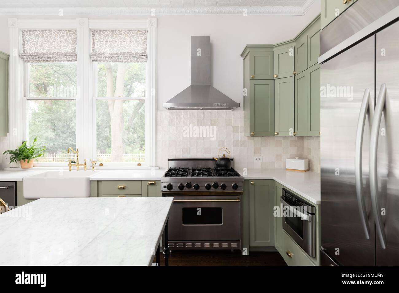 A kitchen detail with sage green cabinets, a gold faucet on an apron ...