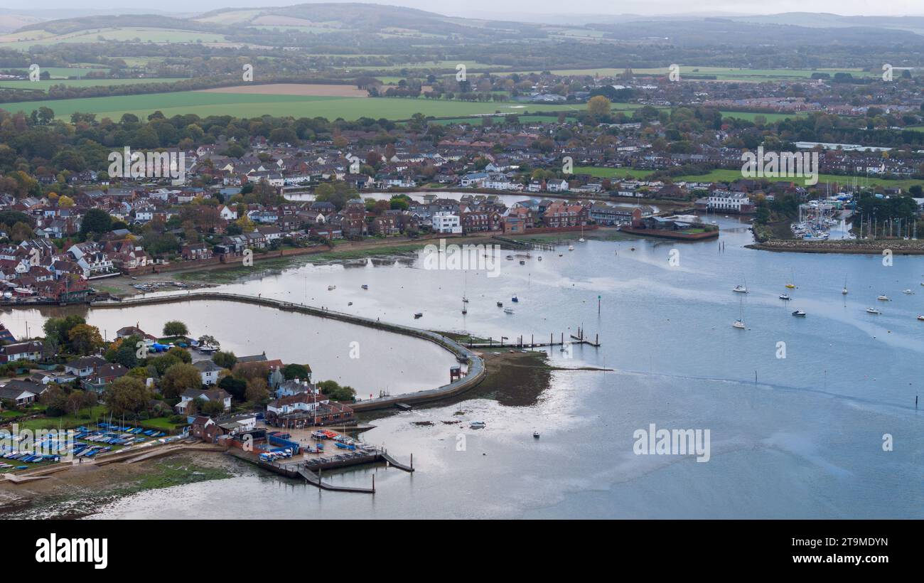 Aerial view of the mill pond in Emsworth in Hampshire UK. Cloudy late Autumn day. Stock Photo