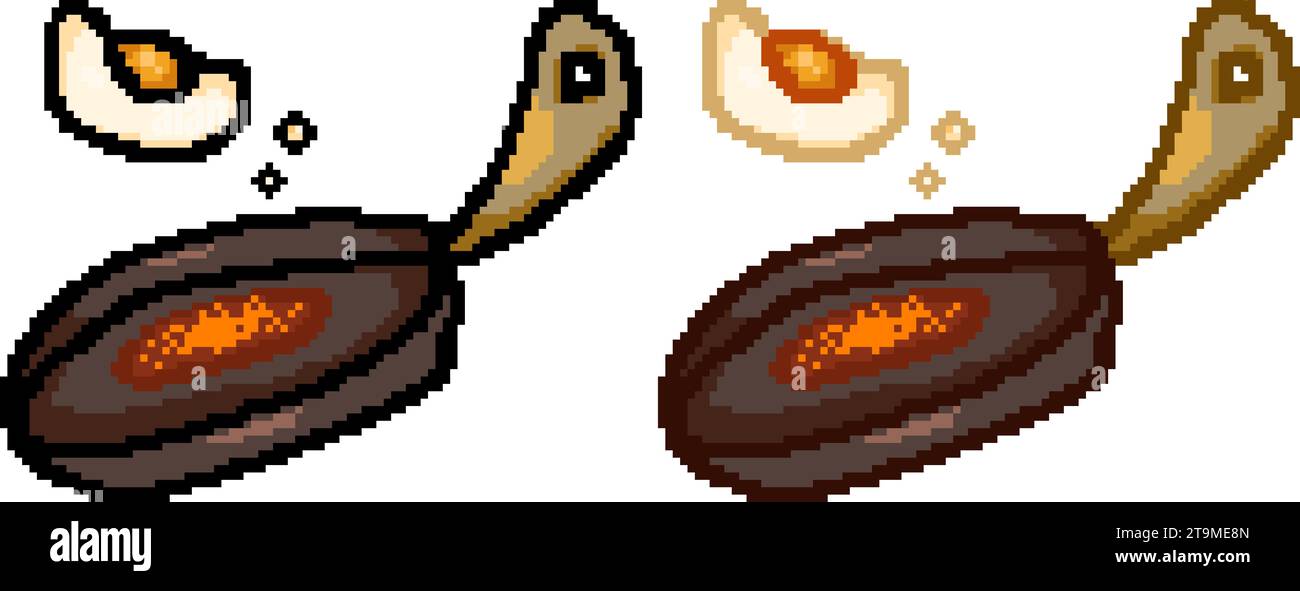 Frying pan and fried egg drawn in pixel style, one with black outline ...