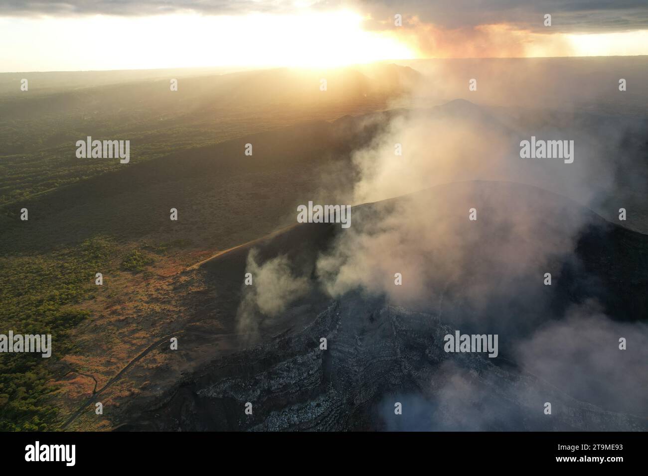 Nicaragua travel destination theme. Active volcano background Stock