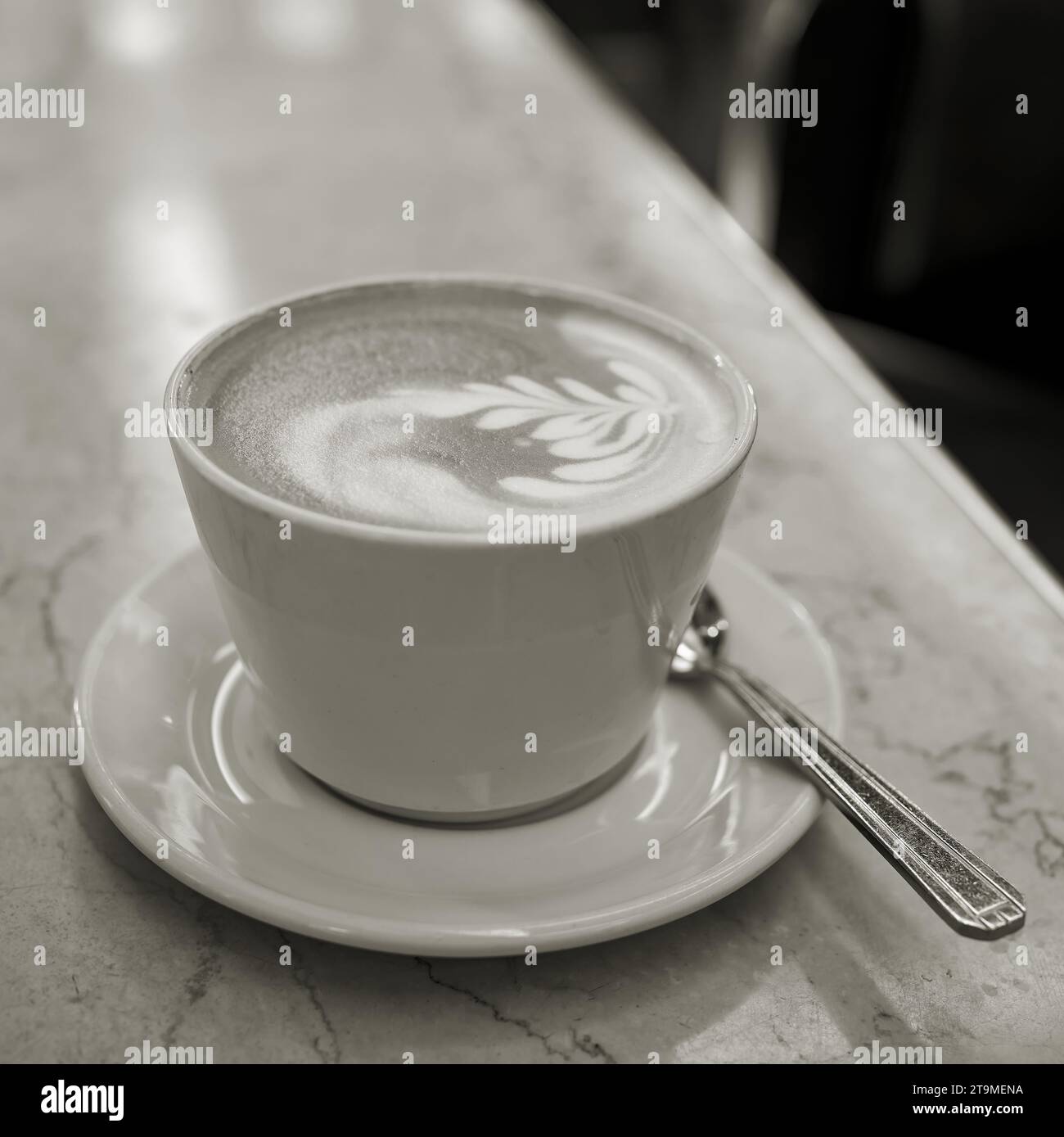Black and white picture of a cup of latte macchiato in a cafe in the old town of Prague Stock Photo