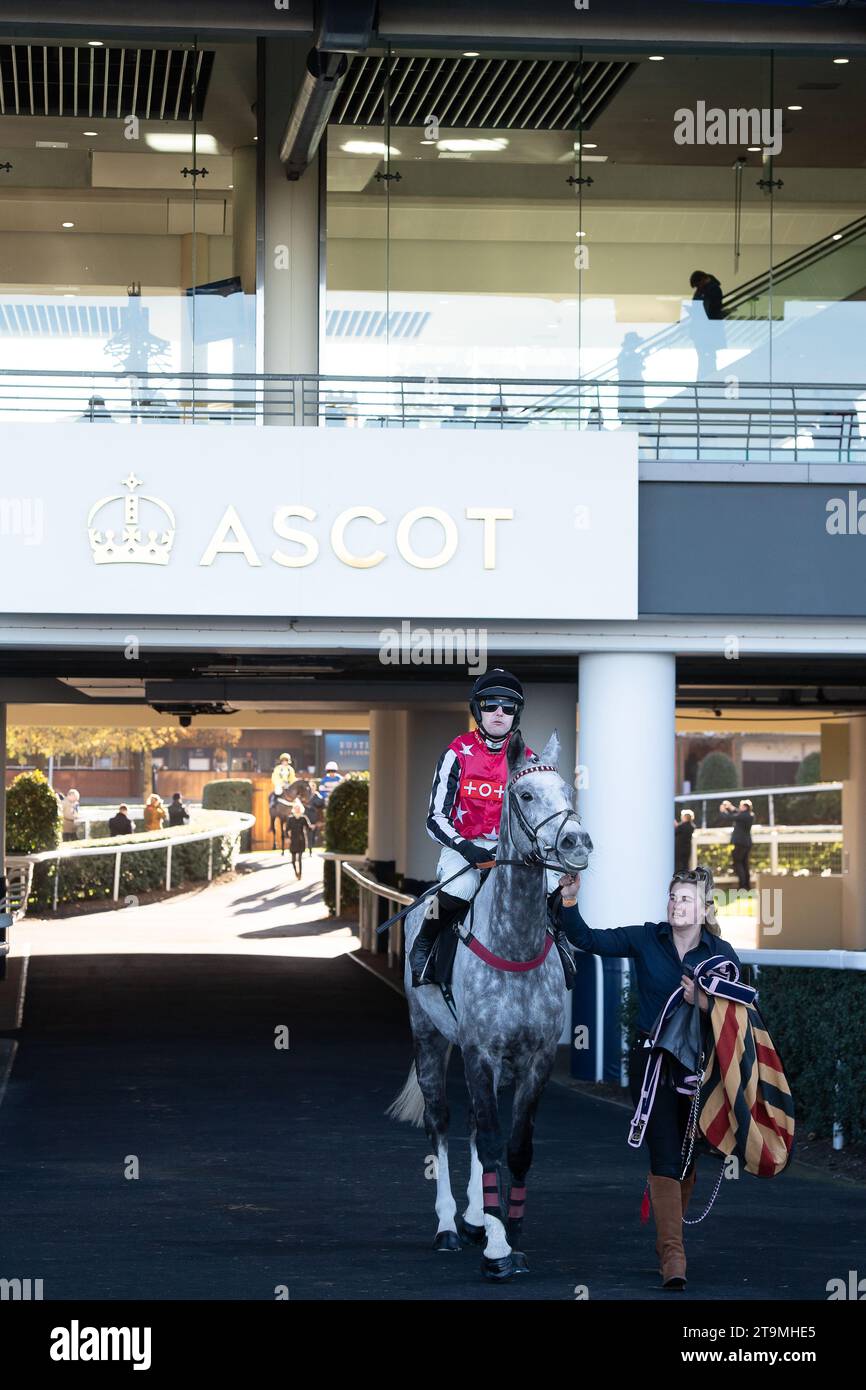 Ascot, Berkshire, UK. 25th November, 2023. Horse Straw Fan Jack ridden
