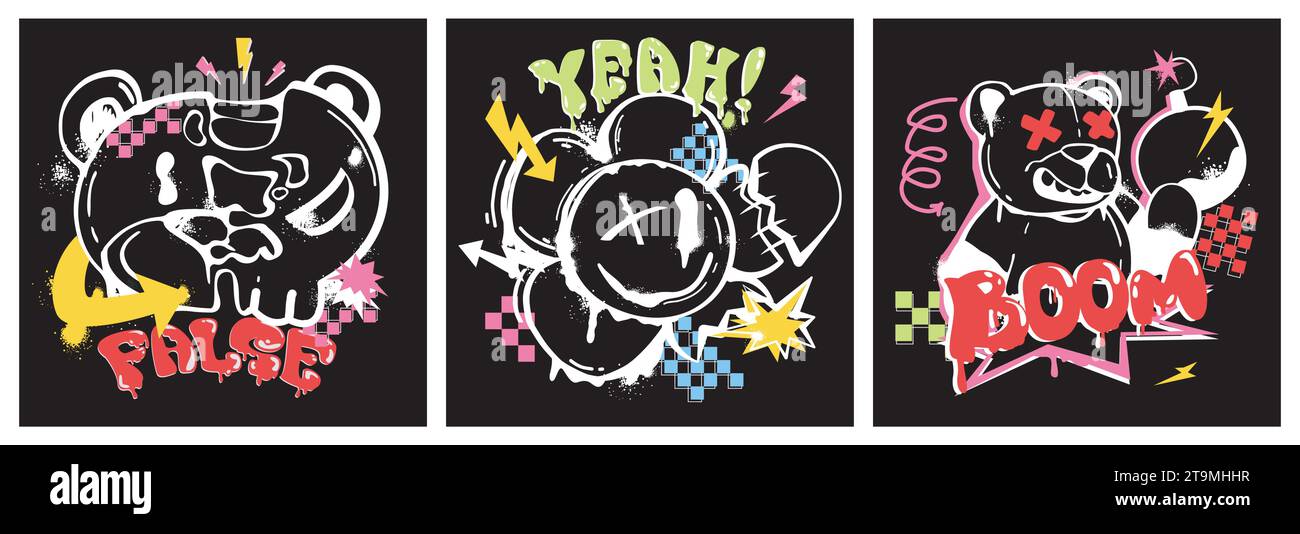 Graffiti posters with spray paint teddy bear and flower in street art