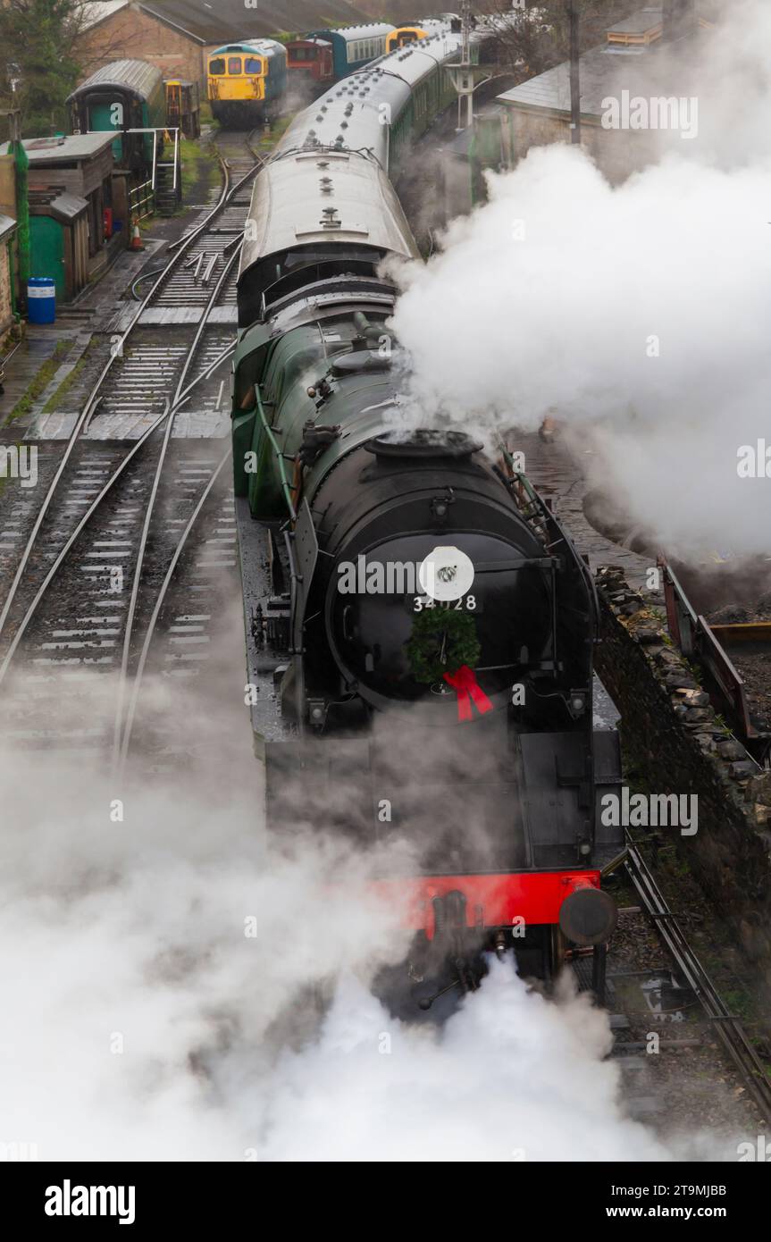 Swanage, Dorset UK. 26th November 2023. UK weather: wet, grey and gloomy weather at Swanage in Dorset.  Polar Express train getting up steam. Credit: Carolyn Jenkins/Alamy Live News Stock Photo