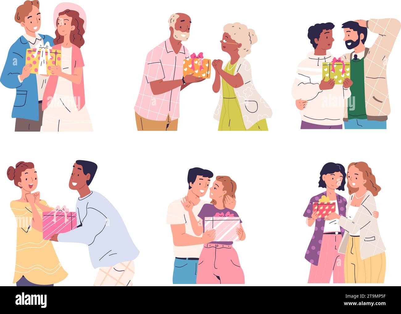 Couple giving gift. Couples gifting, guy give present to girlfriend, friend boyfriends or romantic lovers surprise, woman getting gifts on anniversary, classy vector illustration of gift man present Stock Vector