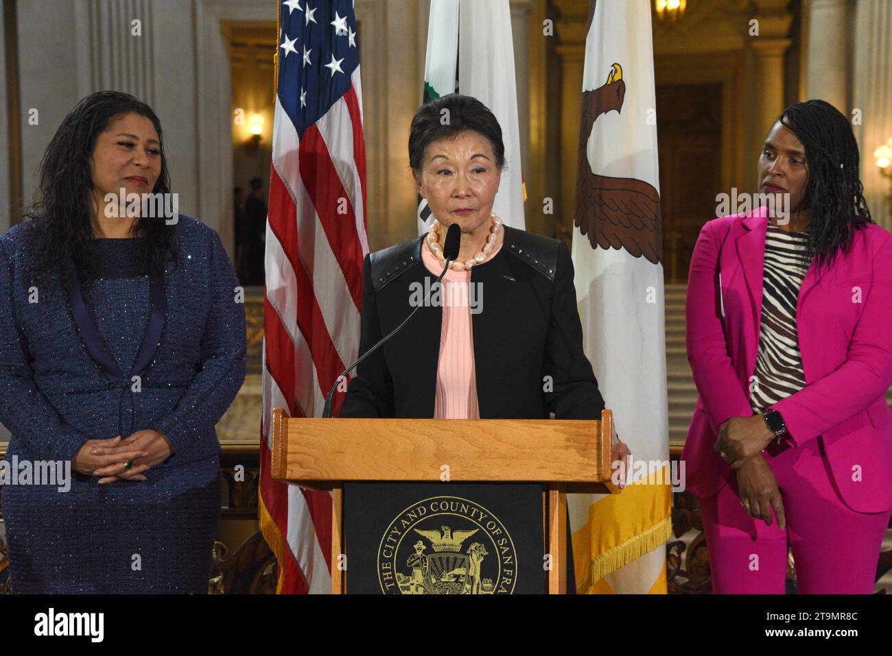 San Francisco, CA - March 8, 2023: Florence Fang, Chairwoman of the Florence Fang Family Foundation, speaking at the International Women’s Day Women's Stock Photo