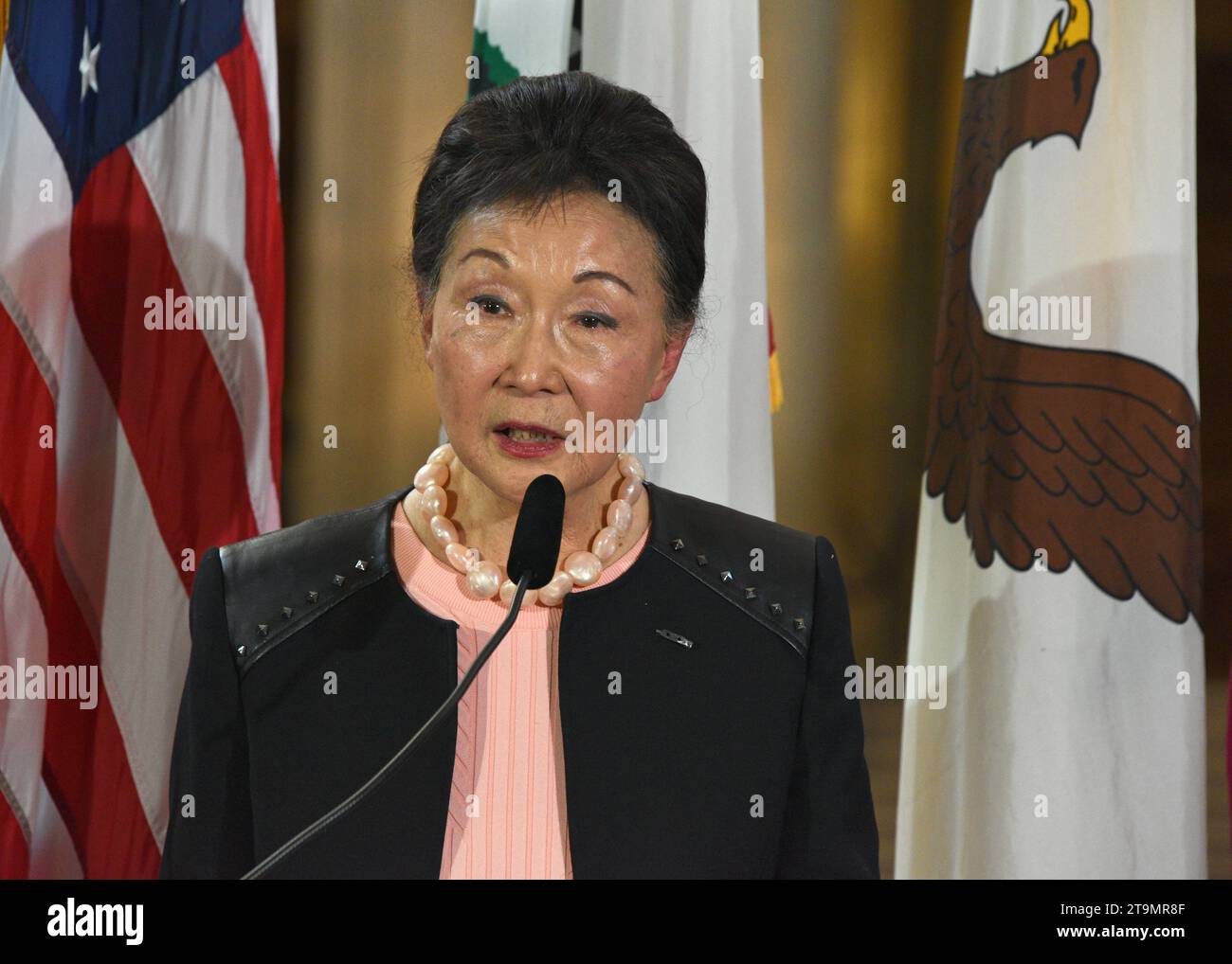 San Francisco, CA - March 8, 2023: Florence Fang, Chairwoman of the Florence Fang Family Foundation, speaking at the International Women’s Day Women's Stock Photo