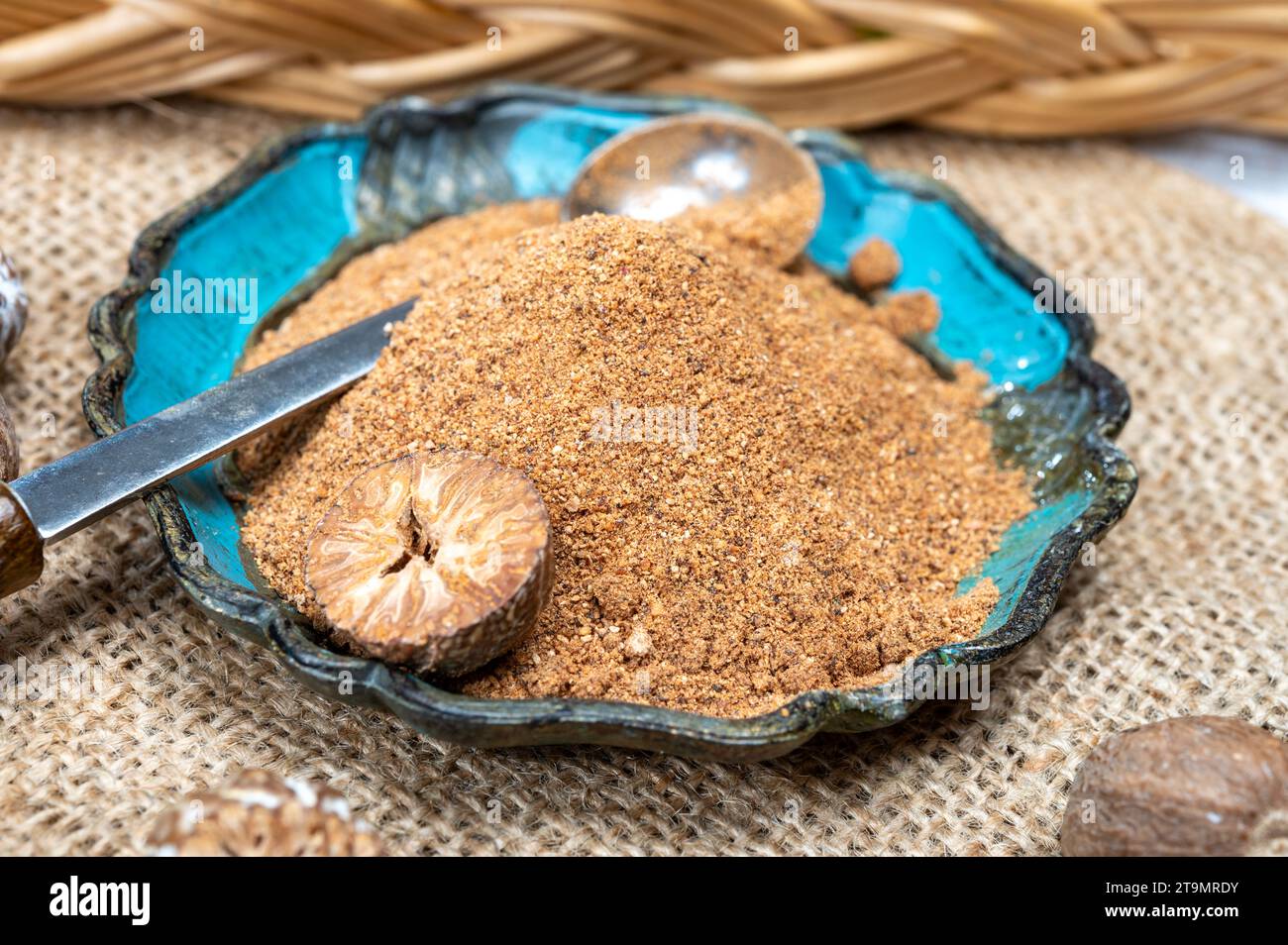 Tasty winter spice whole dried and ground powder nutmeg, used as an