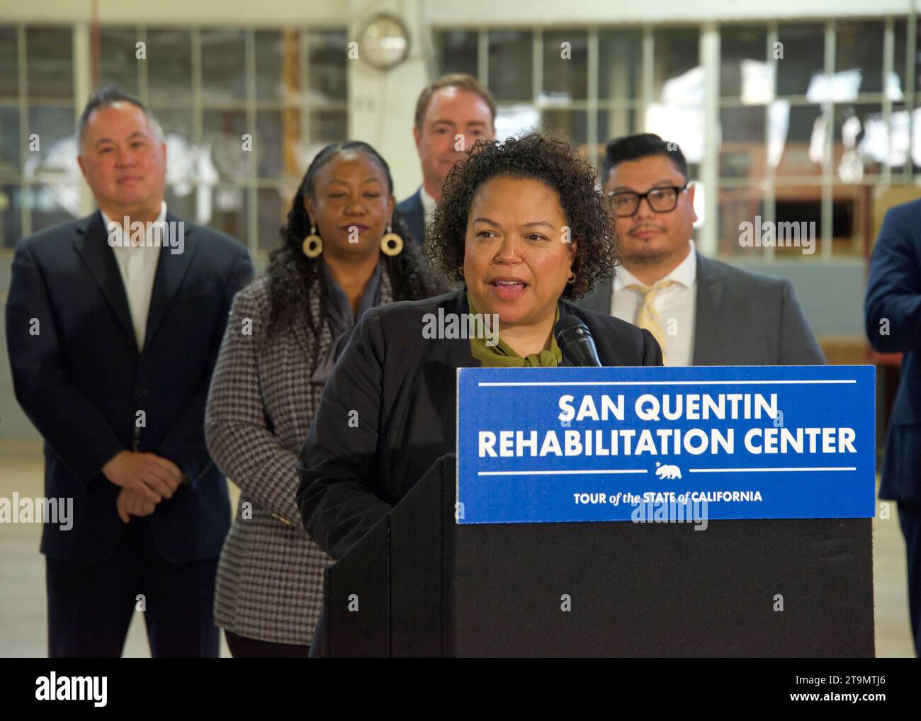 San Quentin, CA - March 17, 2023: Assemblymember Mia Bonta speaking at a press conf at San Quentin State Prison with Governor Newsom. Stock Photo