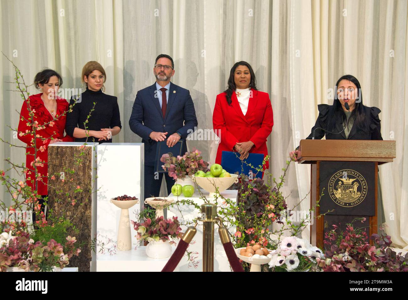 San Francisco, CA - March 24, 2023: Sepideh Nasiri, CEO and Founder of Persian Women in Tech speaking at Nowruz celebration at City Hall. Nowruz, the Stock Photo