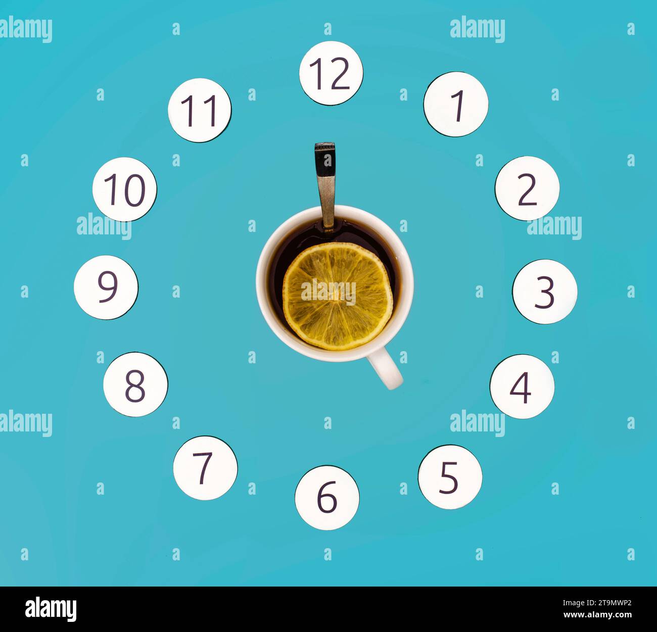 A mockup of a cup of tea and numbers in the shape of a round