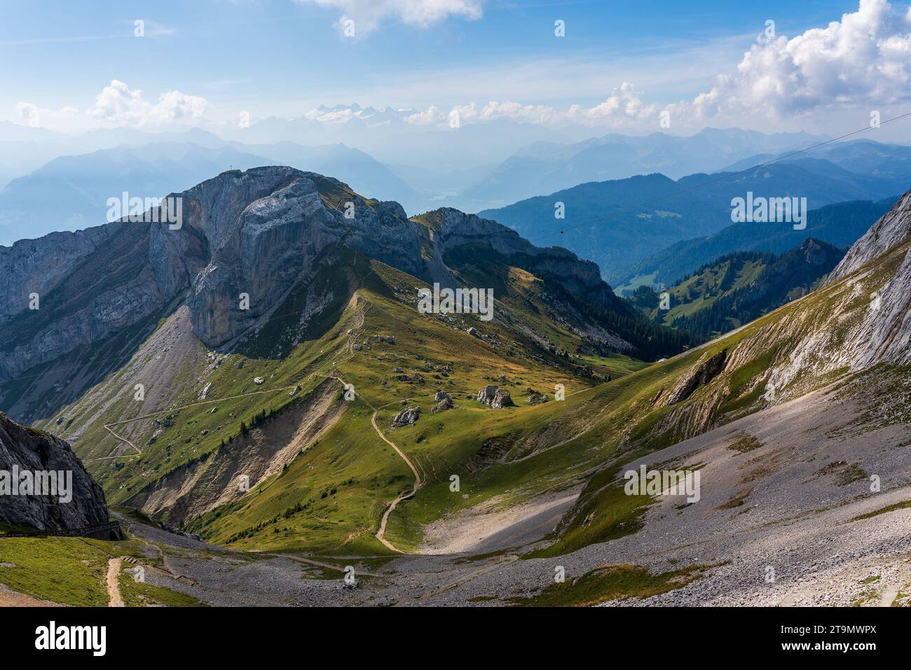 Panoramic view of Swiss mountains and Lake Lucerne. Stock Photo