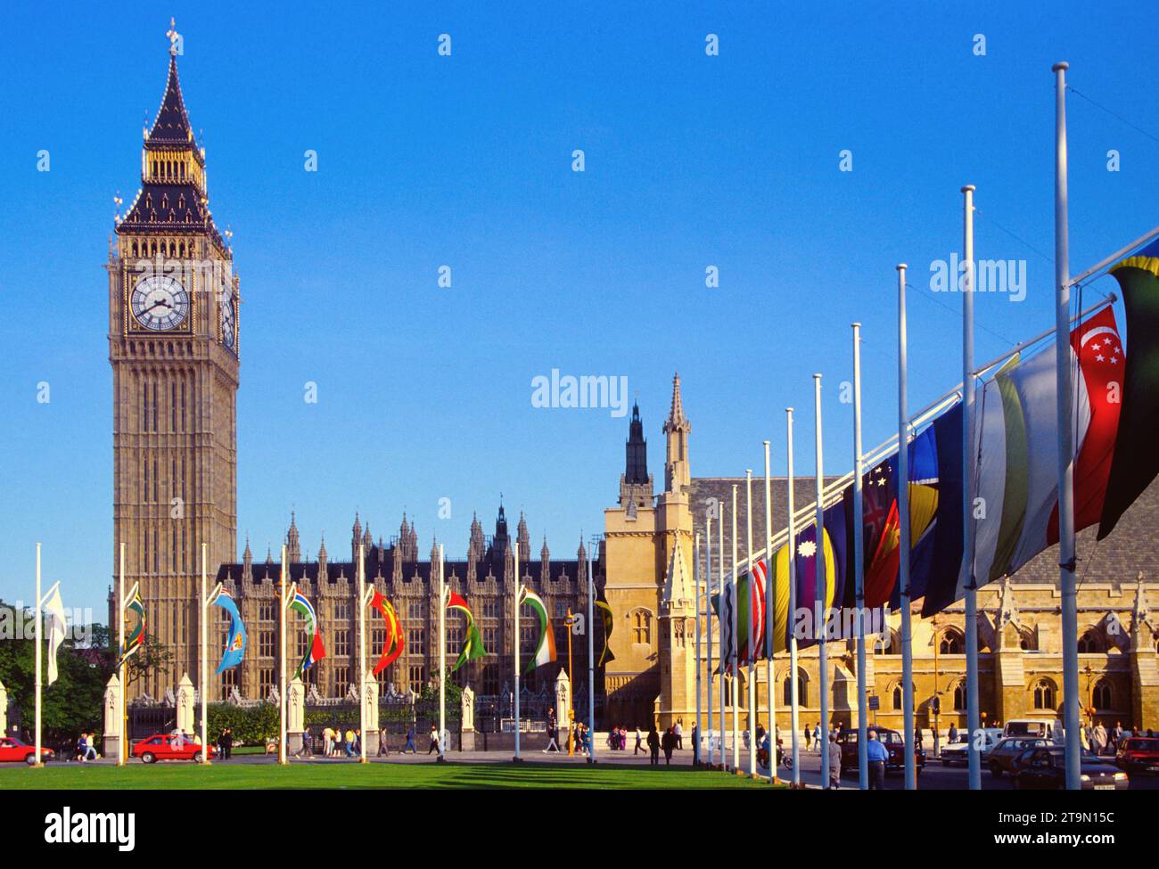 Commonwealth Park. Palace of Westminster. House of Parliament Building. Elizabeth Tower. Big Ben.London, England. Stock Photo